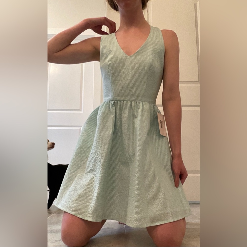 Lauren James Mint Green and White Striped Tie Back Bow Mini Dress - Small
